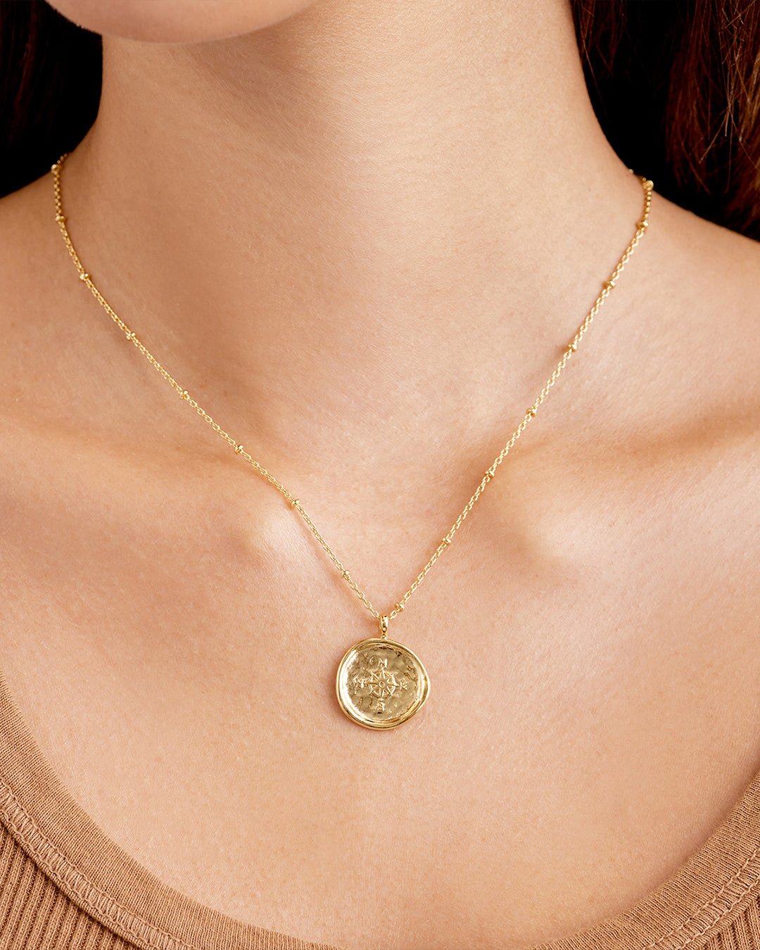 Gold Plated Coin Necklace, Compass Necklace || option::Gold Plated