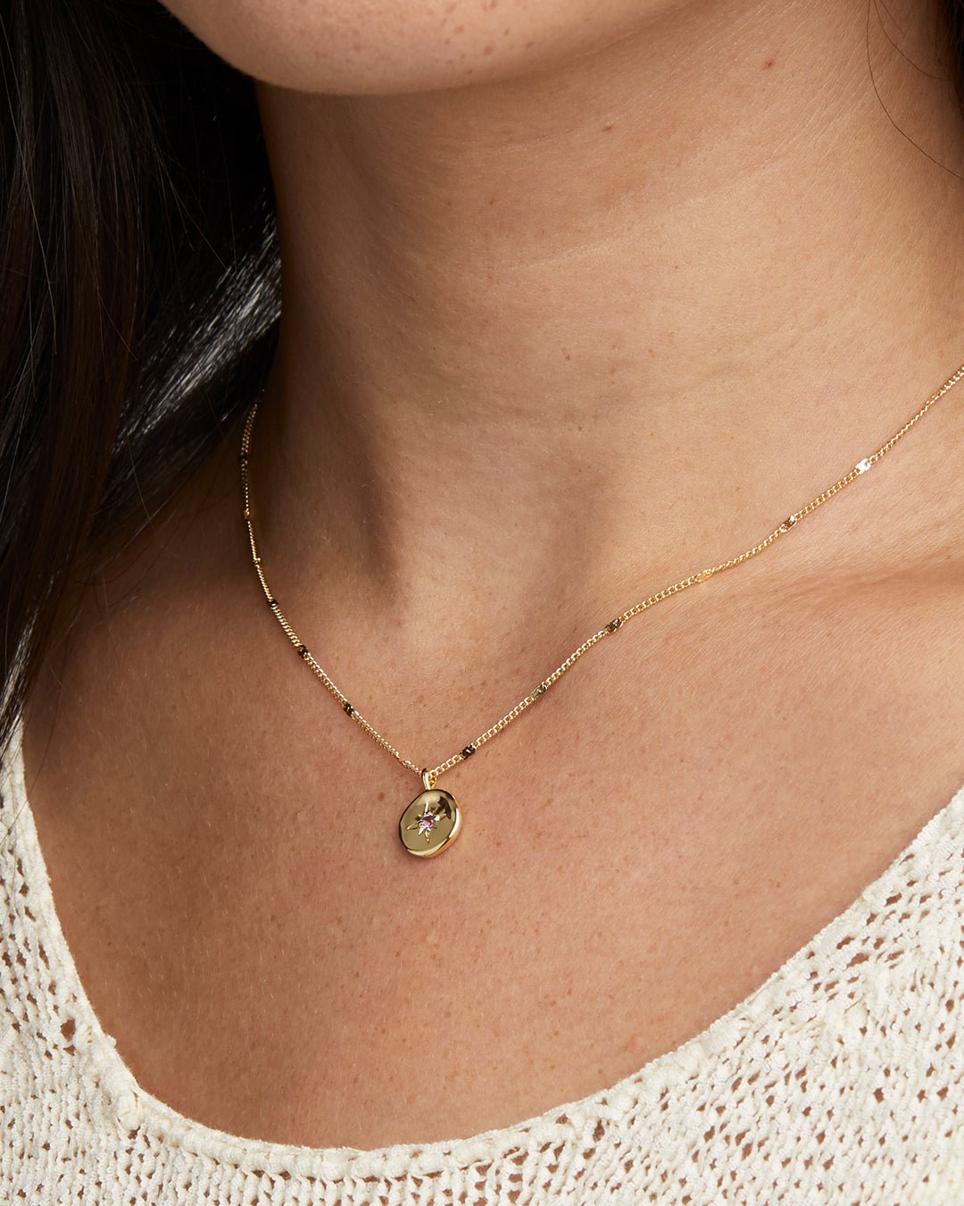 Power Birthstone Coin Necklace February || option::Gold Plated, Amethyst