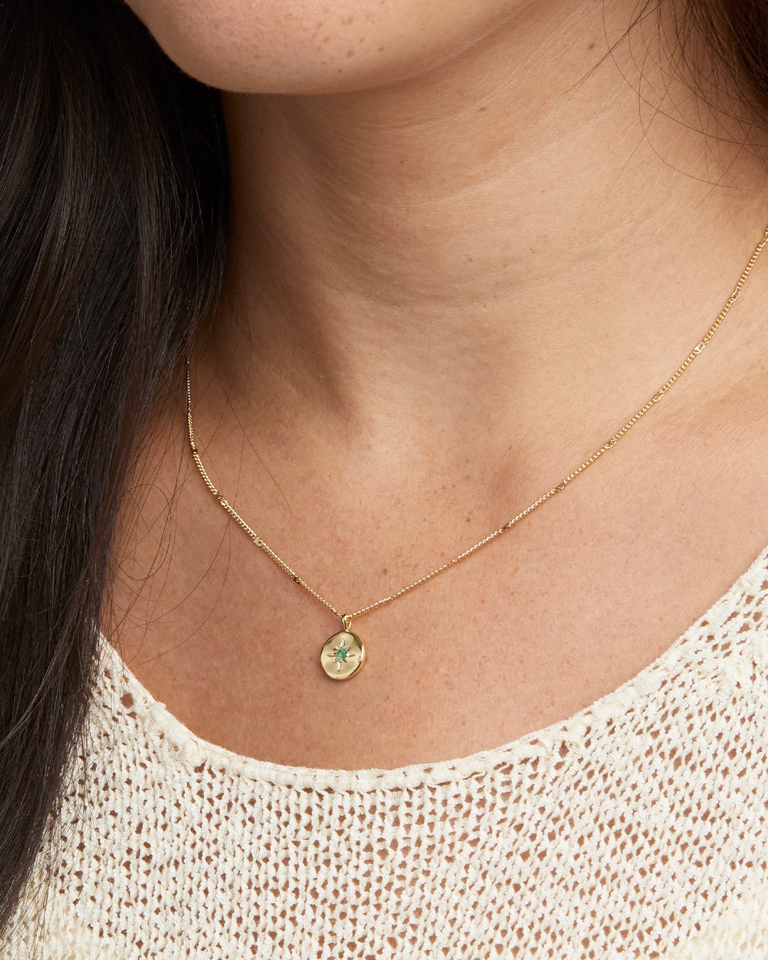 Power Birthstone Coin Necklace May || option::Gold Plated, Emerald