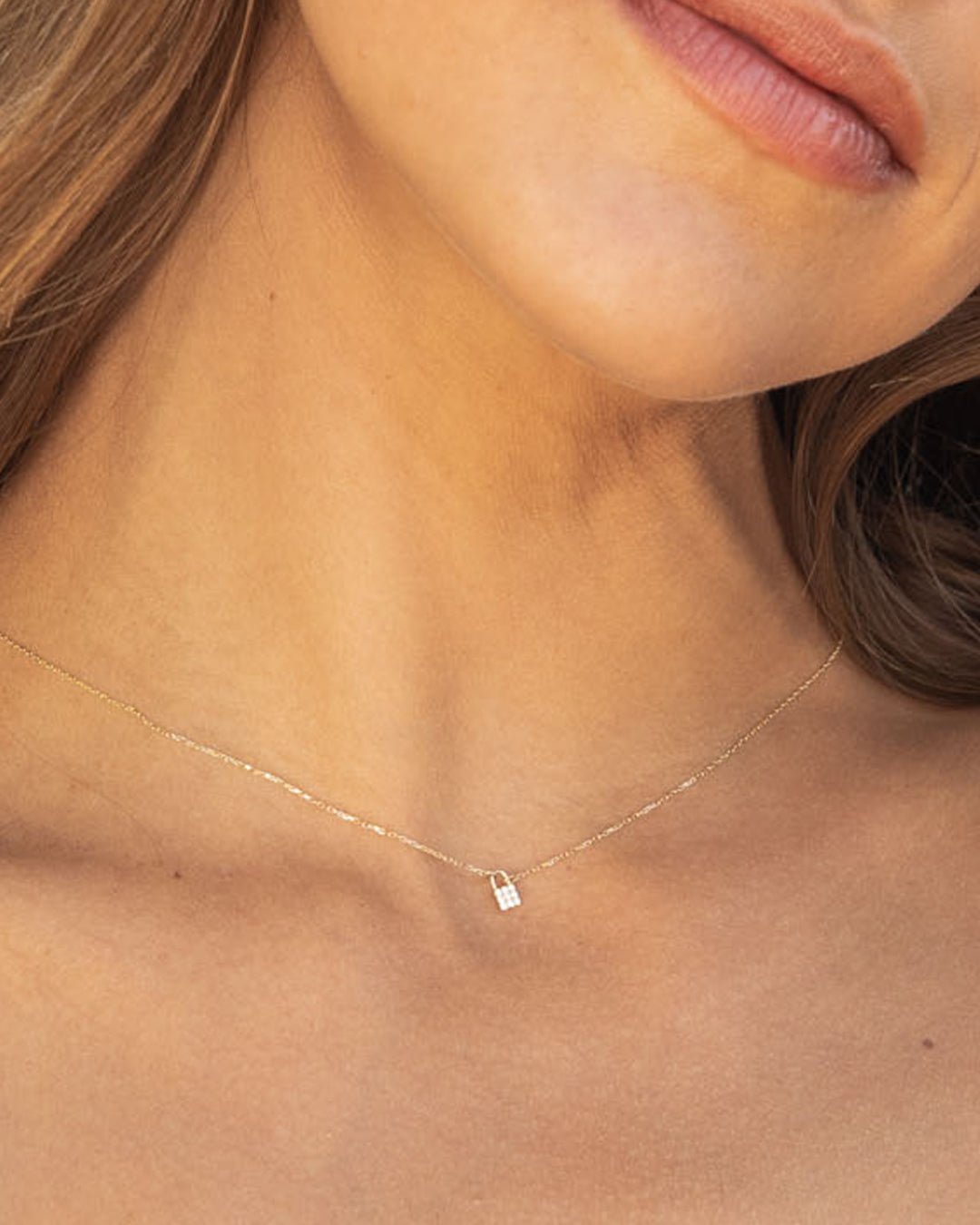 Diamond Kara Padlock Charm Necklace || option::14k Solid Gold