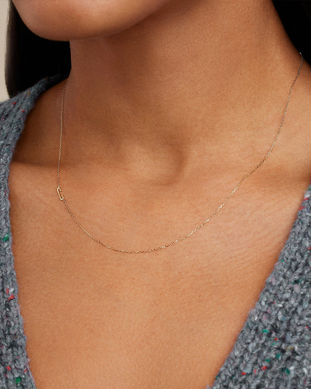 Woman wearing  Alphabet Necklace || option::14k Solid Gold, C