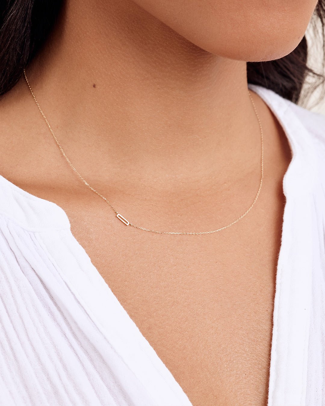 Woman wearing  Alphabet Necklace || option::14k Solid Gold, D