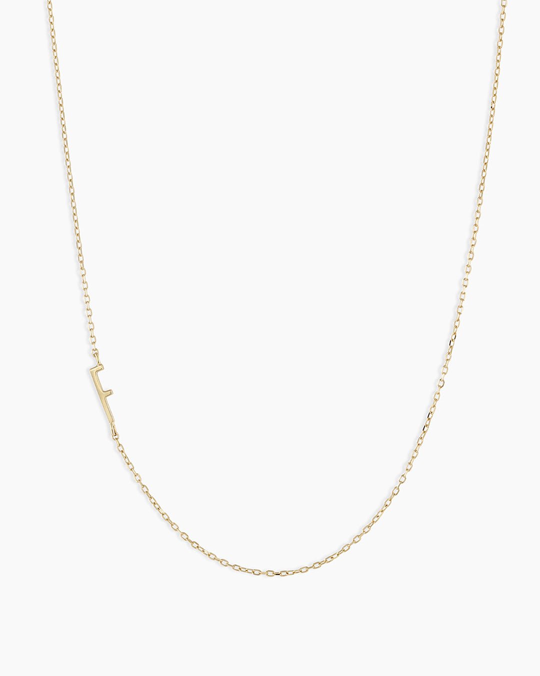 Woman wearing  Alphabet Necklace || option::14k Solid Gold, E