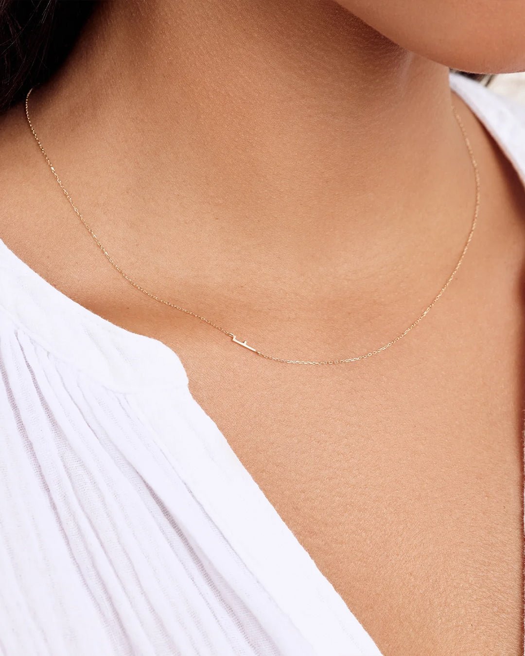 Woman wearing  Alphabet Necklace || option::14k Solid Gold, F