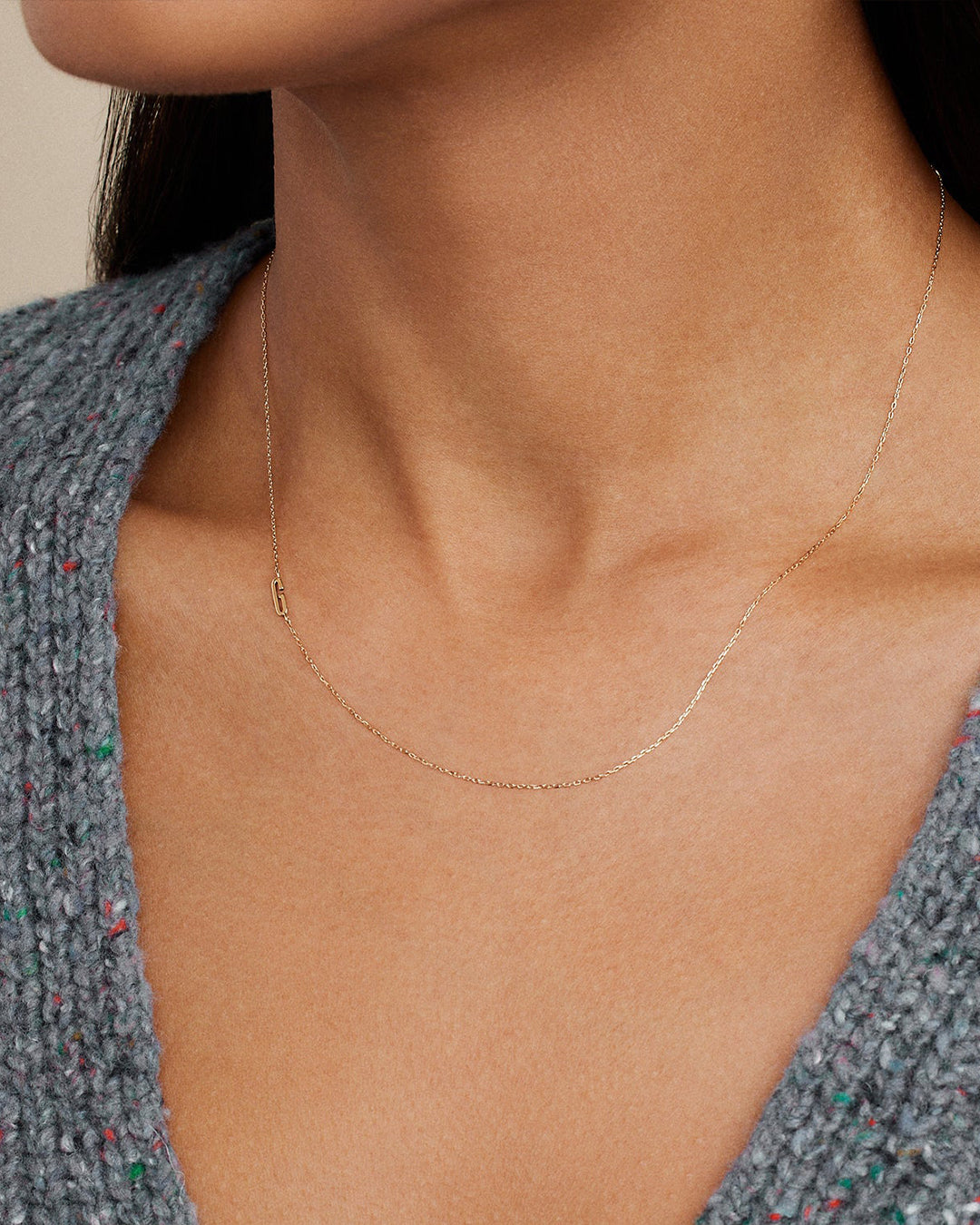 Woman wearing  Alphabet Necklace || option::14k Solid Gold, G