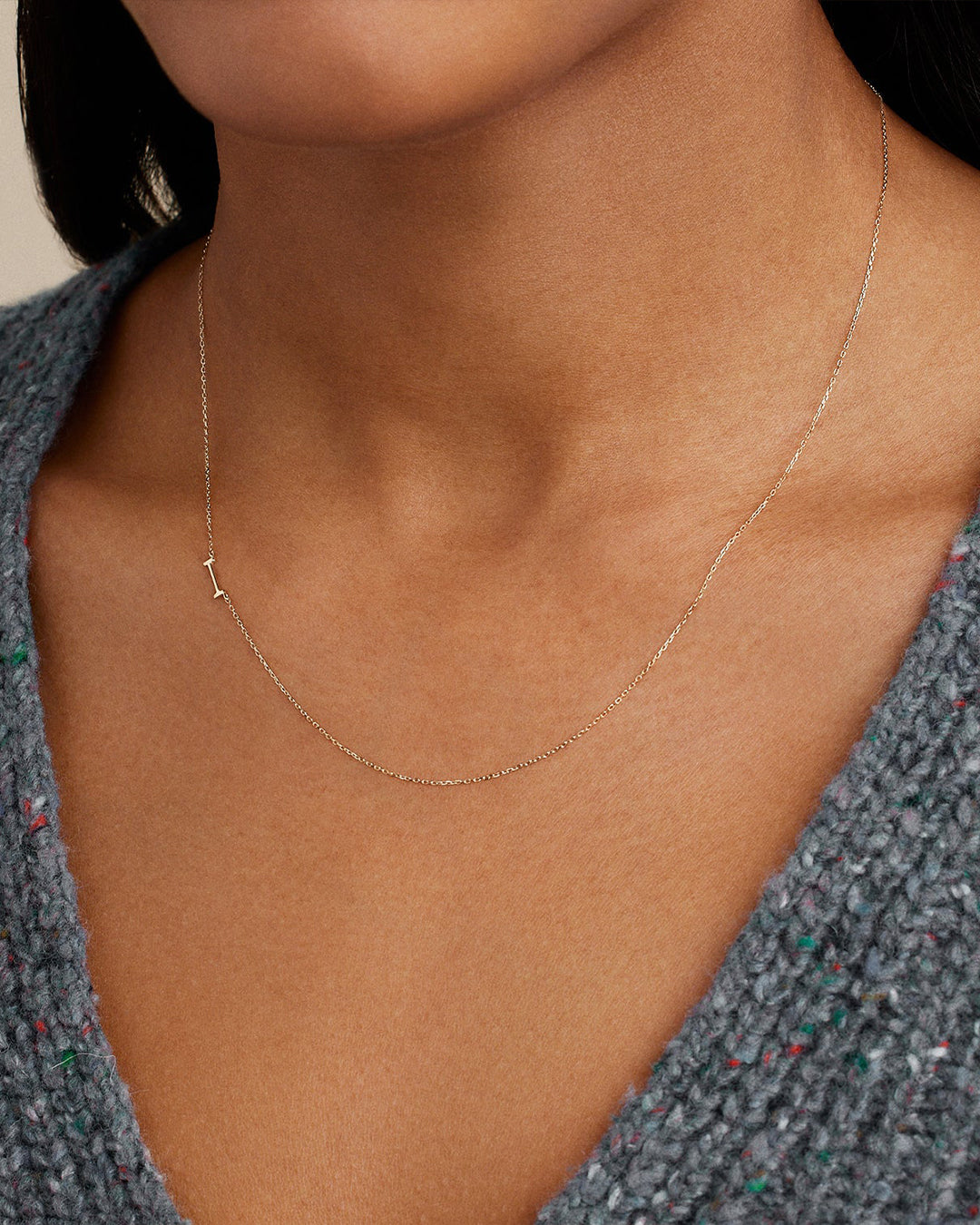 Woman wearing  Alphabet Necklace || option::14k Solid Gold, I