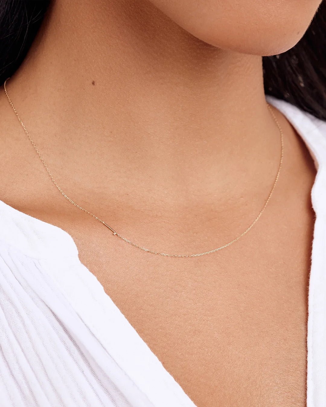Woman wearing  Alphabet Necklace || option::14k Solid Gold, J
