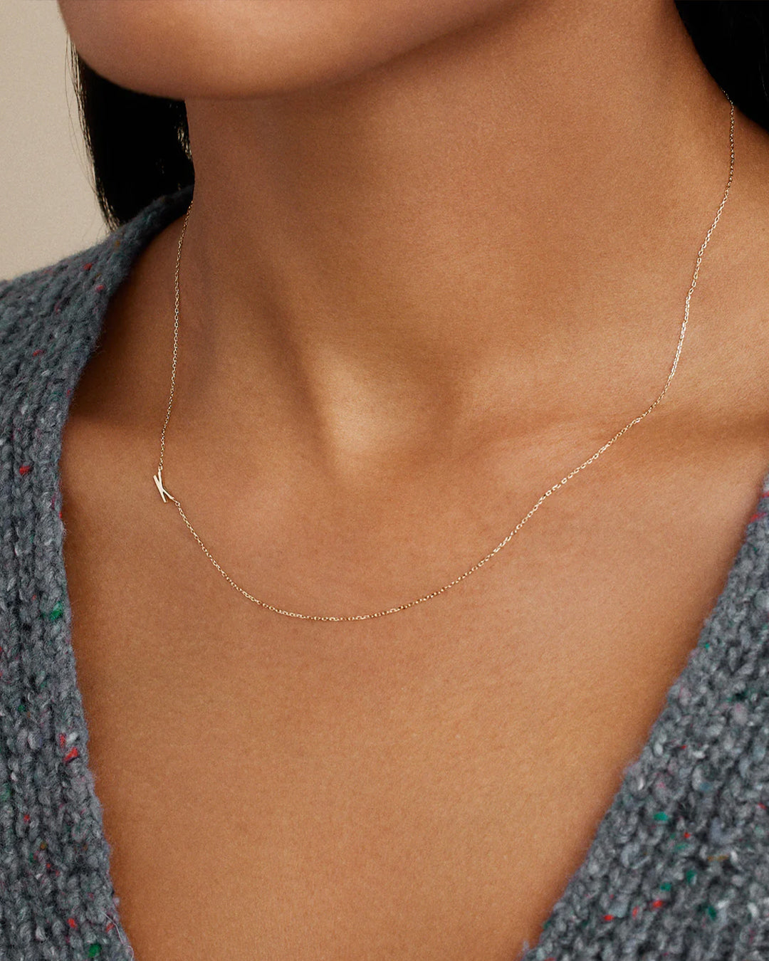 Woman wearing  Alphabet Necklace || option::14k Solid Gold, K
