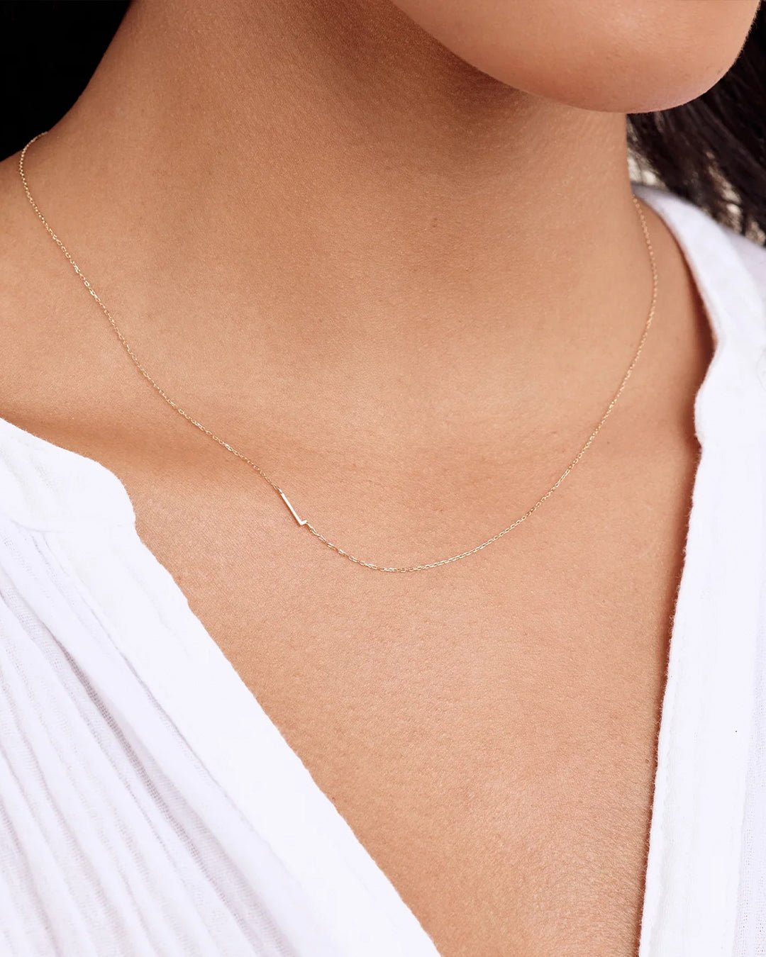Woman wearing  Alphabet Necklace || option::14k Solid Gold, L