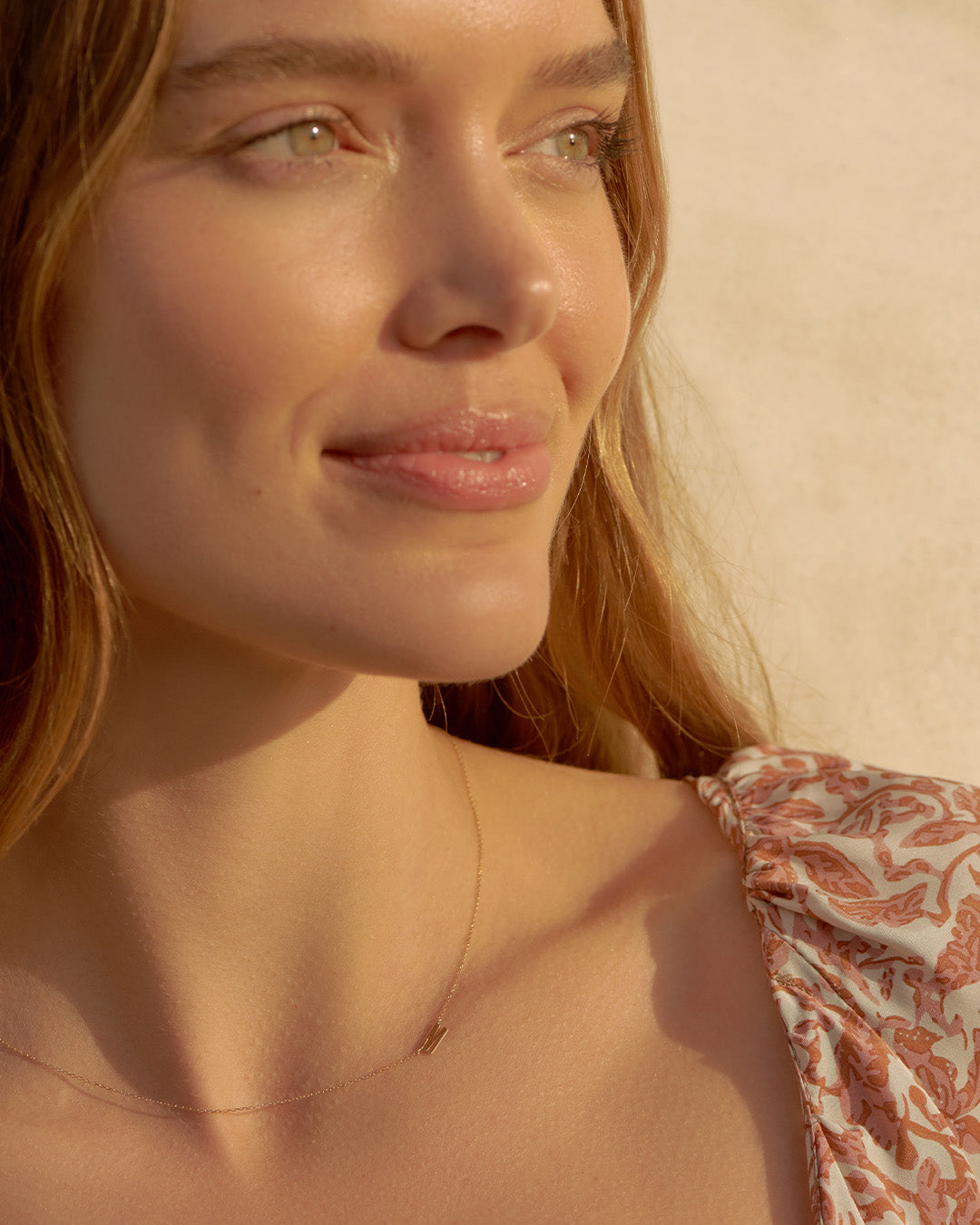 Woman wearing  Alphabet Necklace || option::14k Solid Gold, M