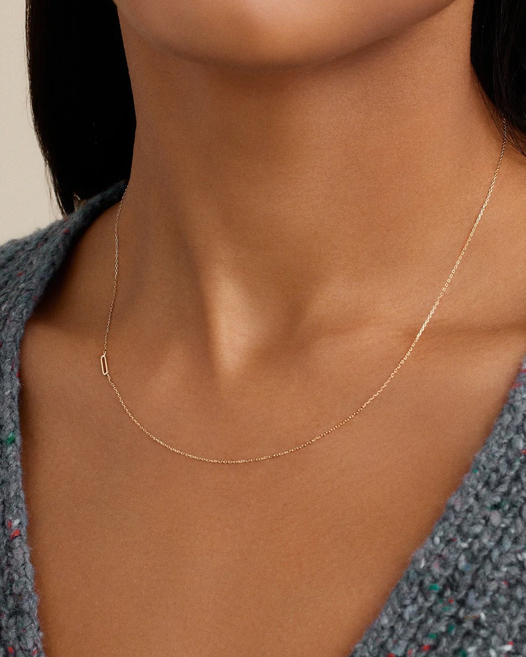 Woman wearing  Alphabet Necklace || option::14k Solid Gold, O