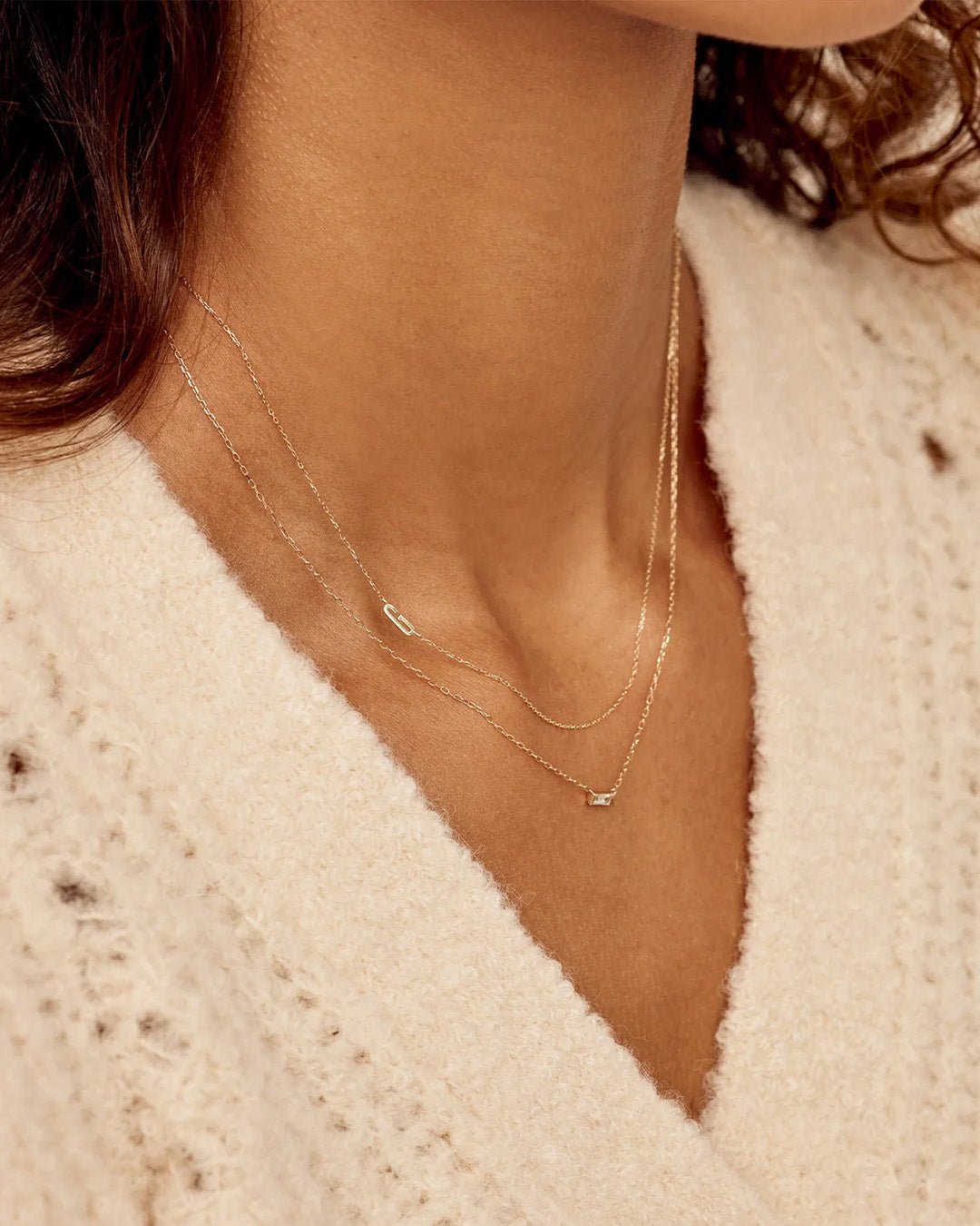 Woman wearing  Alphabet Necklace || option::14k Solid Gold, O