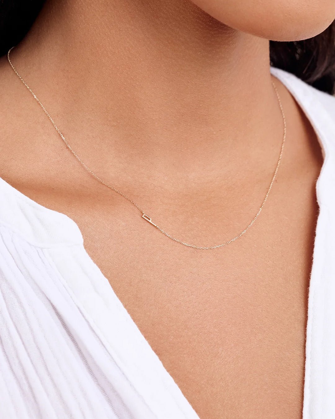 Woman wearing  Alphabet Necklace || option::14k Solid Gold, P