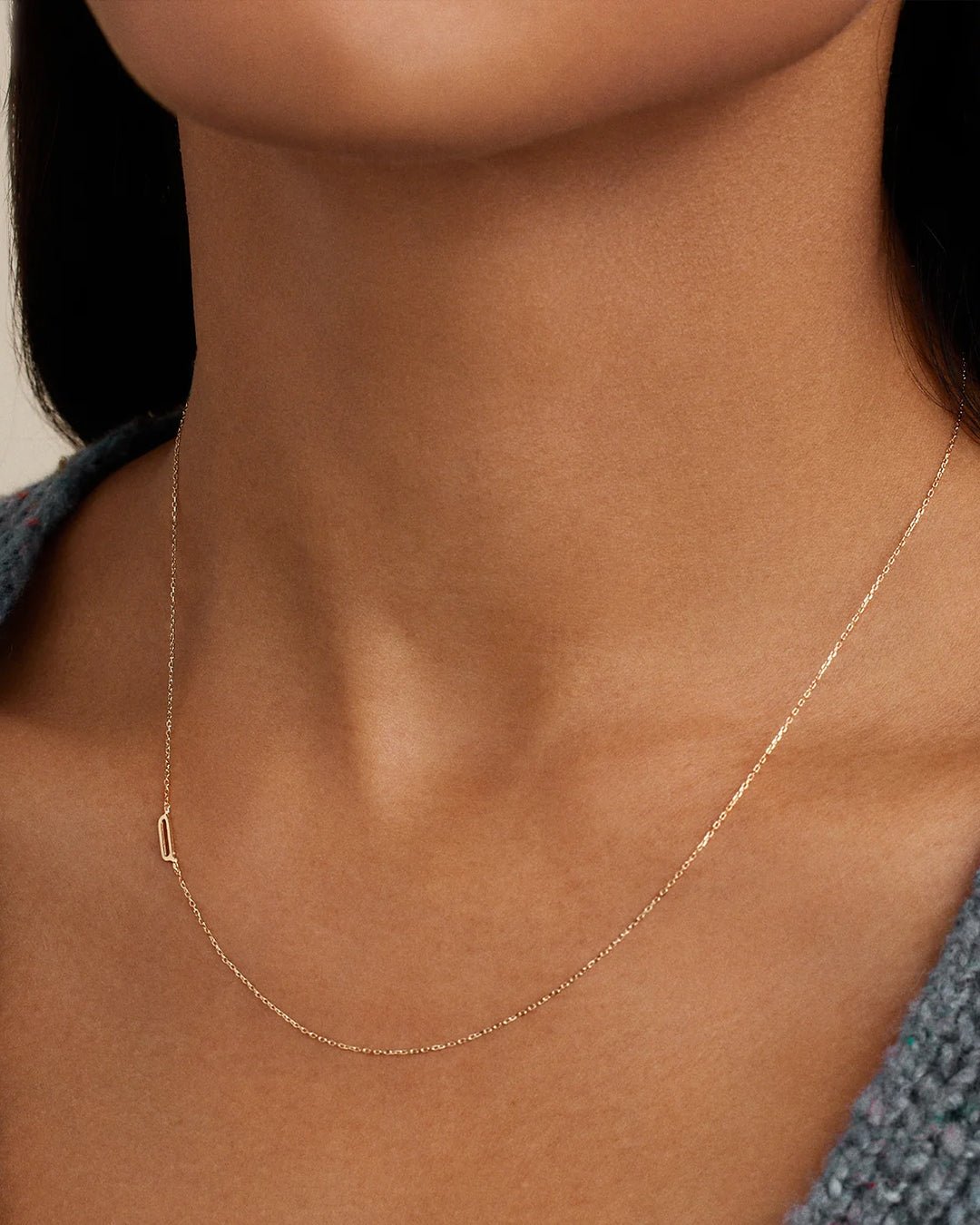Woman wearing  Alphabet Necklace || option::14k Solid Gold, Q
