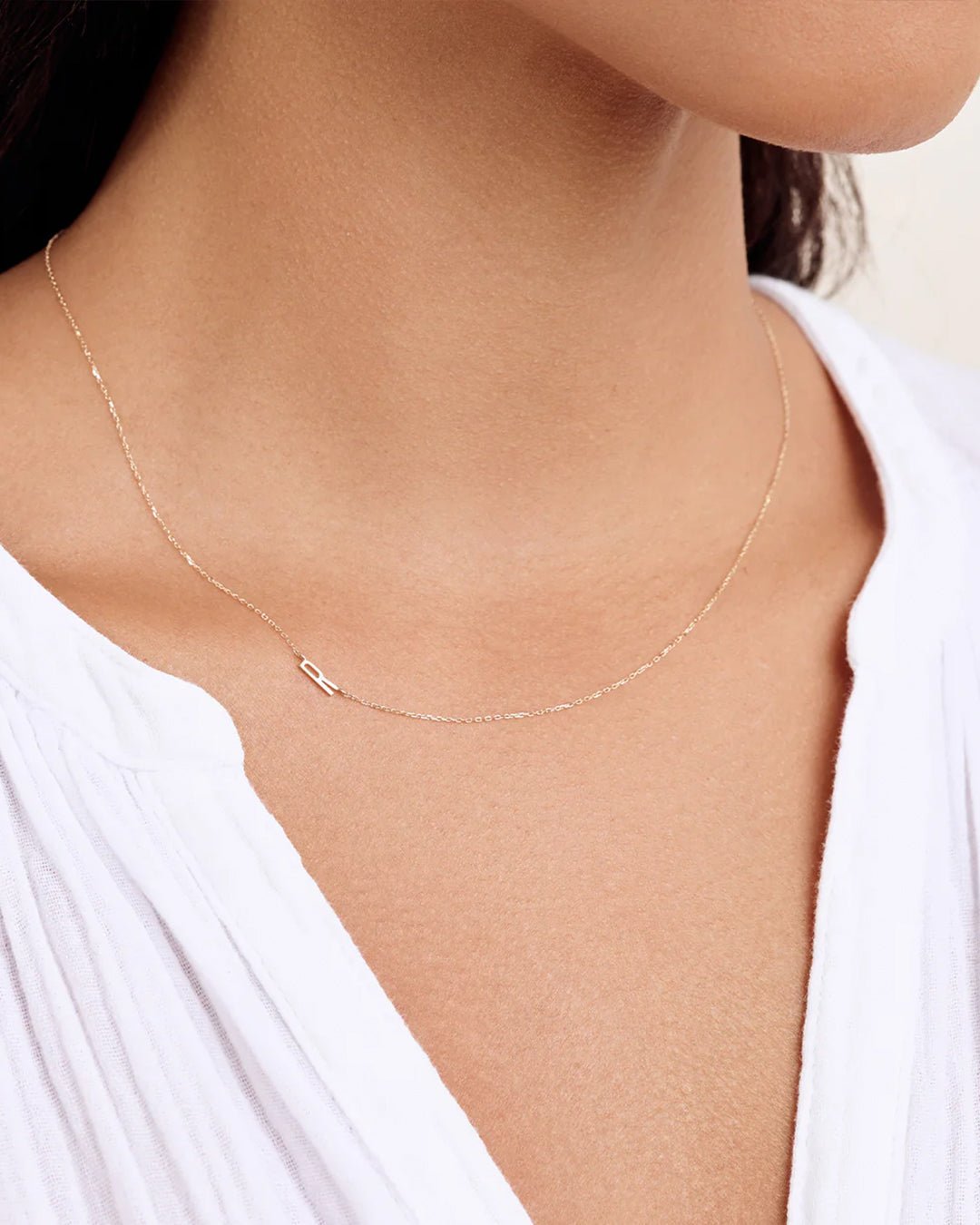 Woman wearing  Alphabet Necklace || option::14k Solid Gold, R