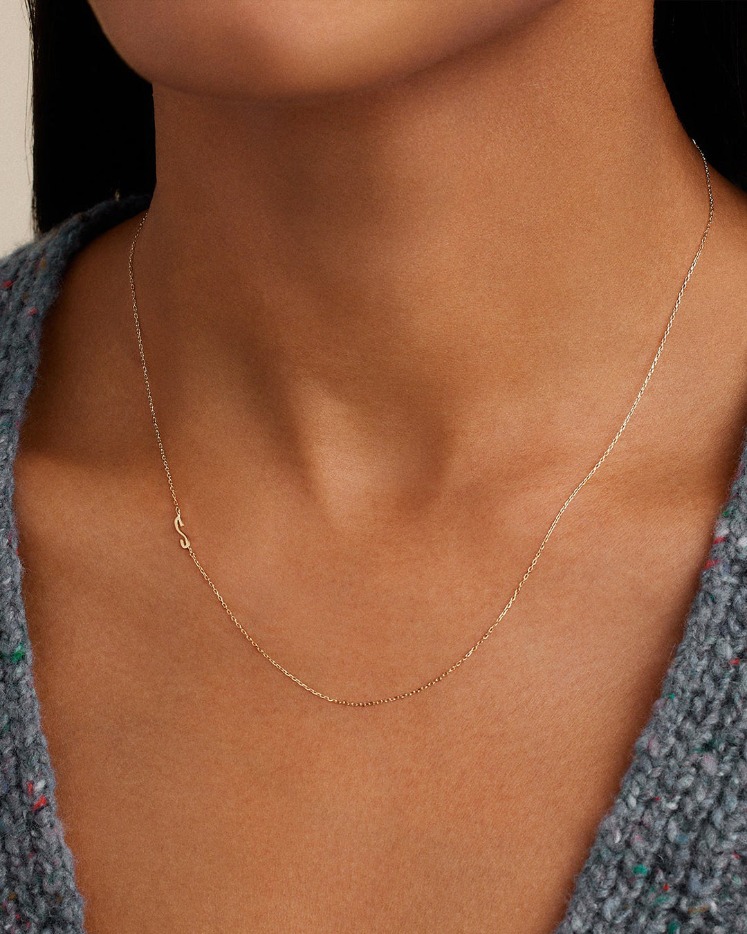 Woman wearing  Alphabet Necklace || option::14k Solid Gold, S