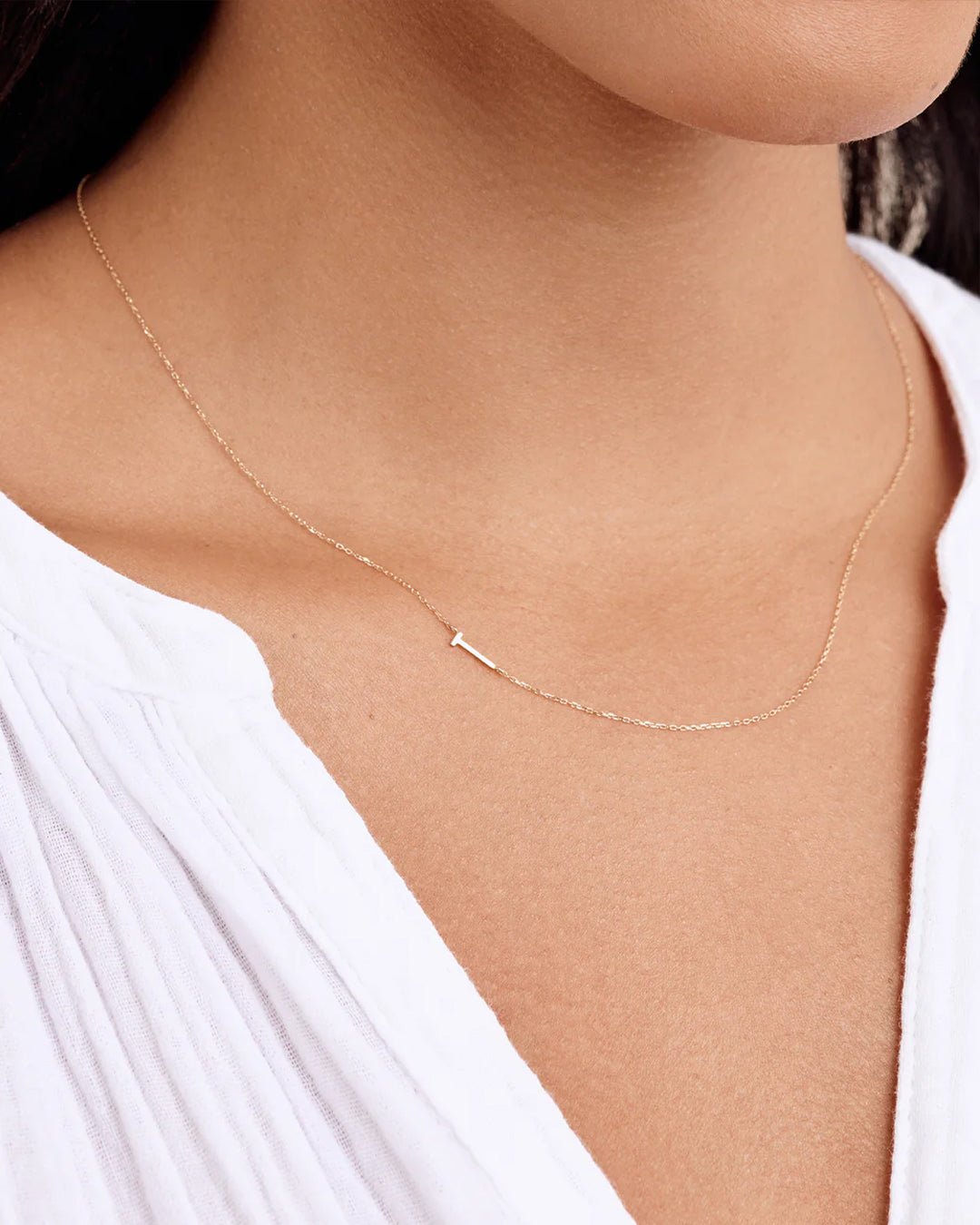 Woman wearing  Alphabet Necklace || option::14k Solid Gold, T