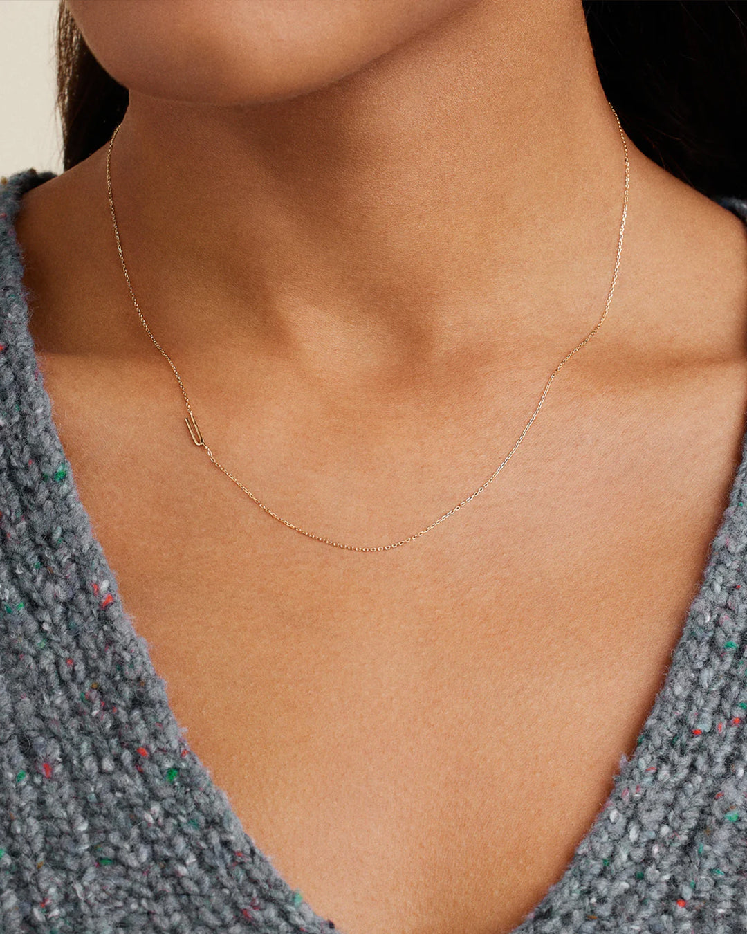 Woman wearing  Alphabet Necklace || option::14k Solid Gold, U