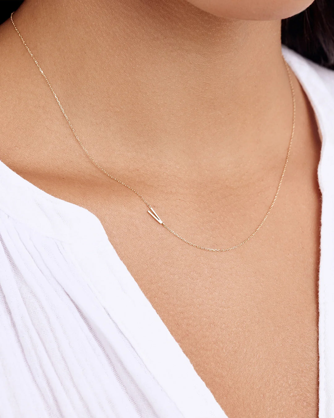 Woman wearing  Alphabet Necklace || option::14k Solid Gold, V