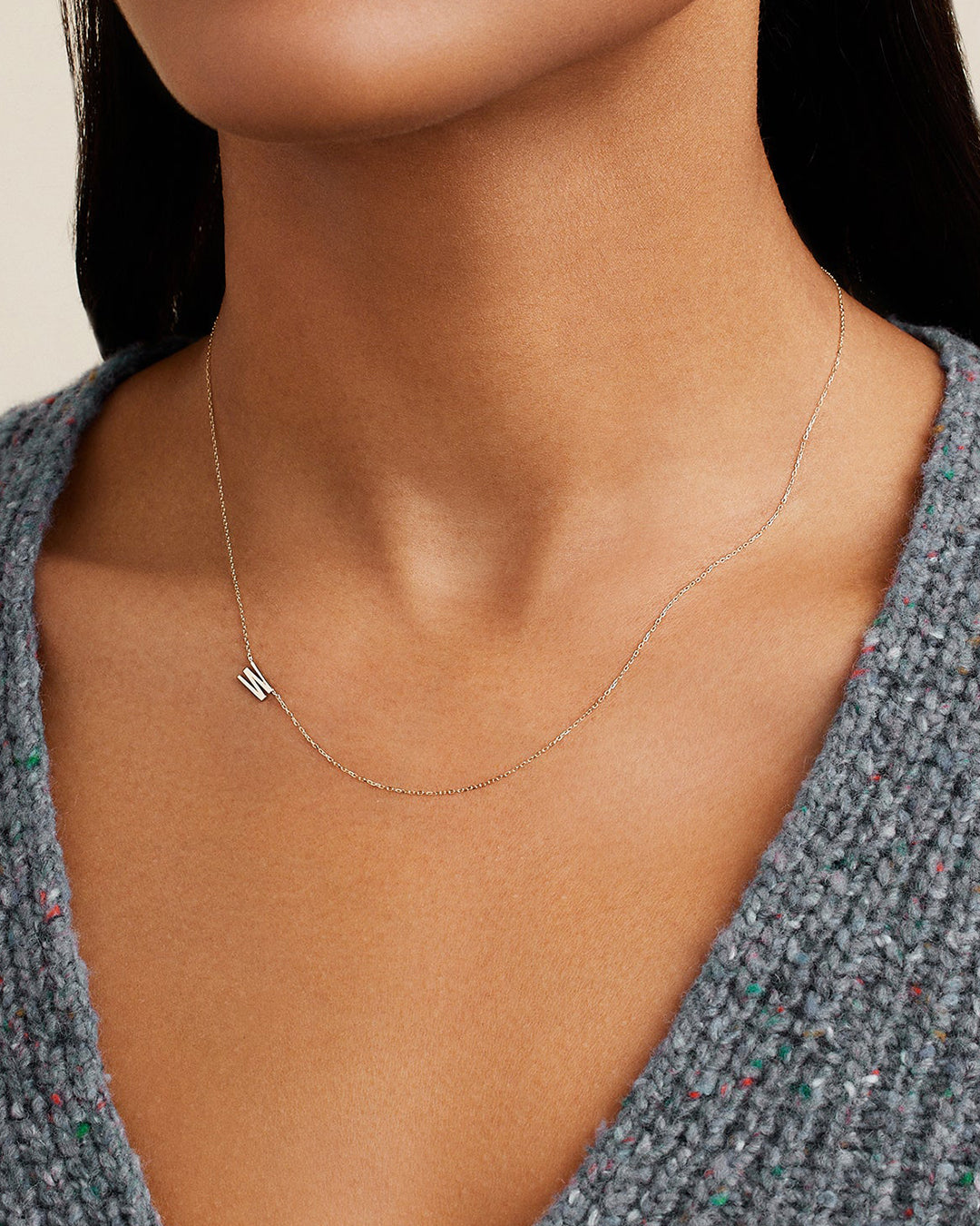 Woman wearing  Alphabet Necklace || option::14k Solid Gold, W
