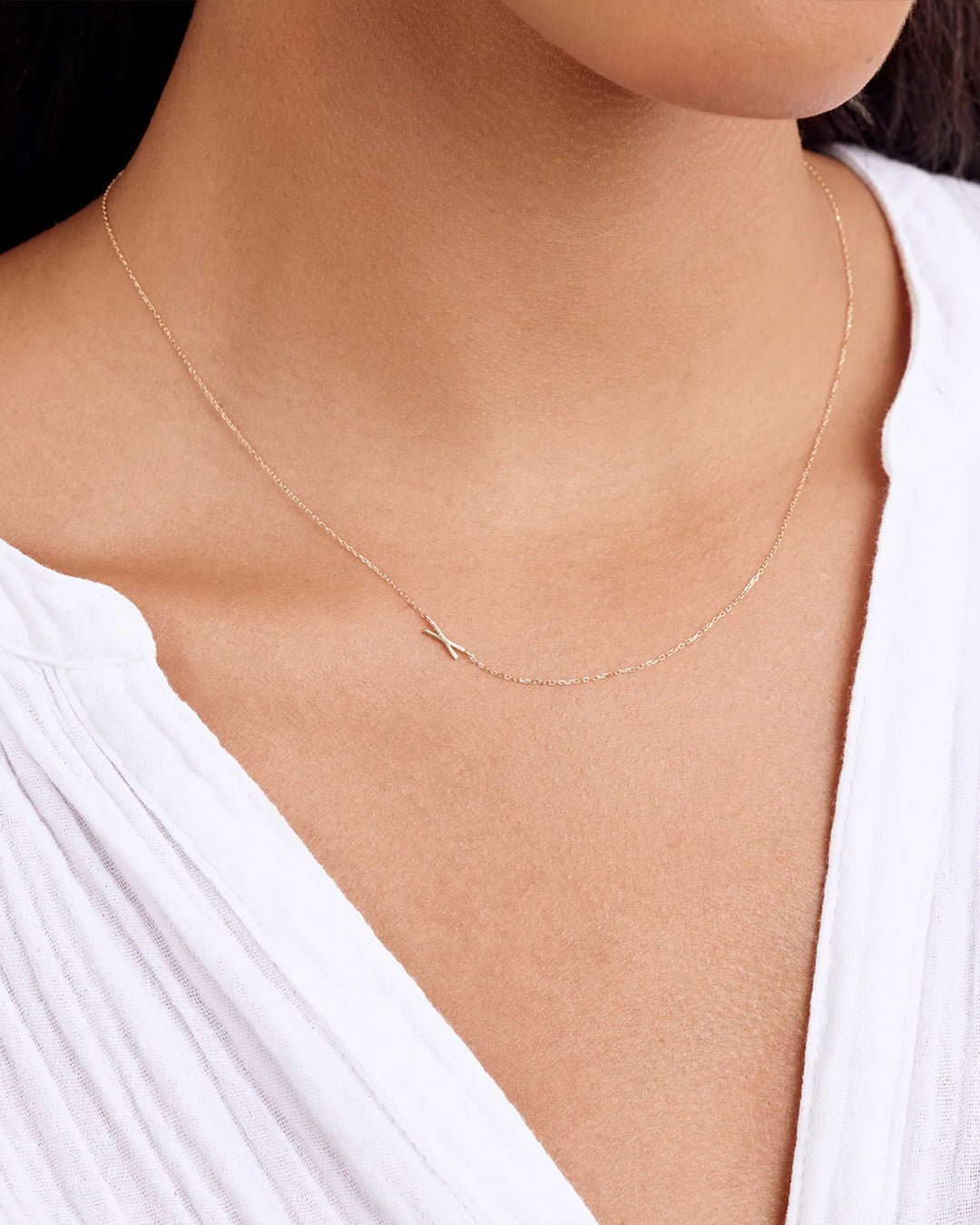 Woman wearing  Alphabet Necklace || option::14k Solid Gold, X