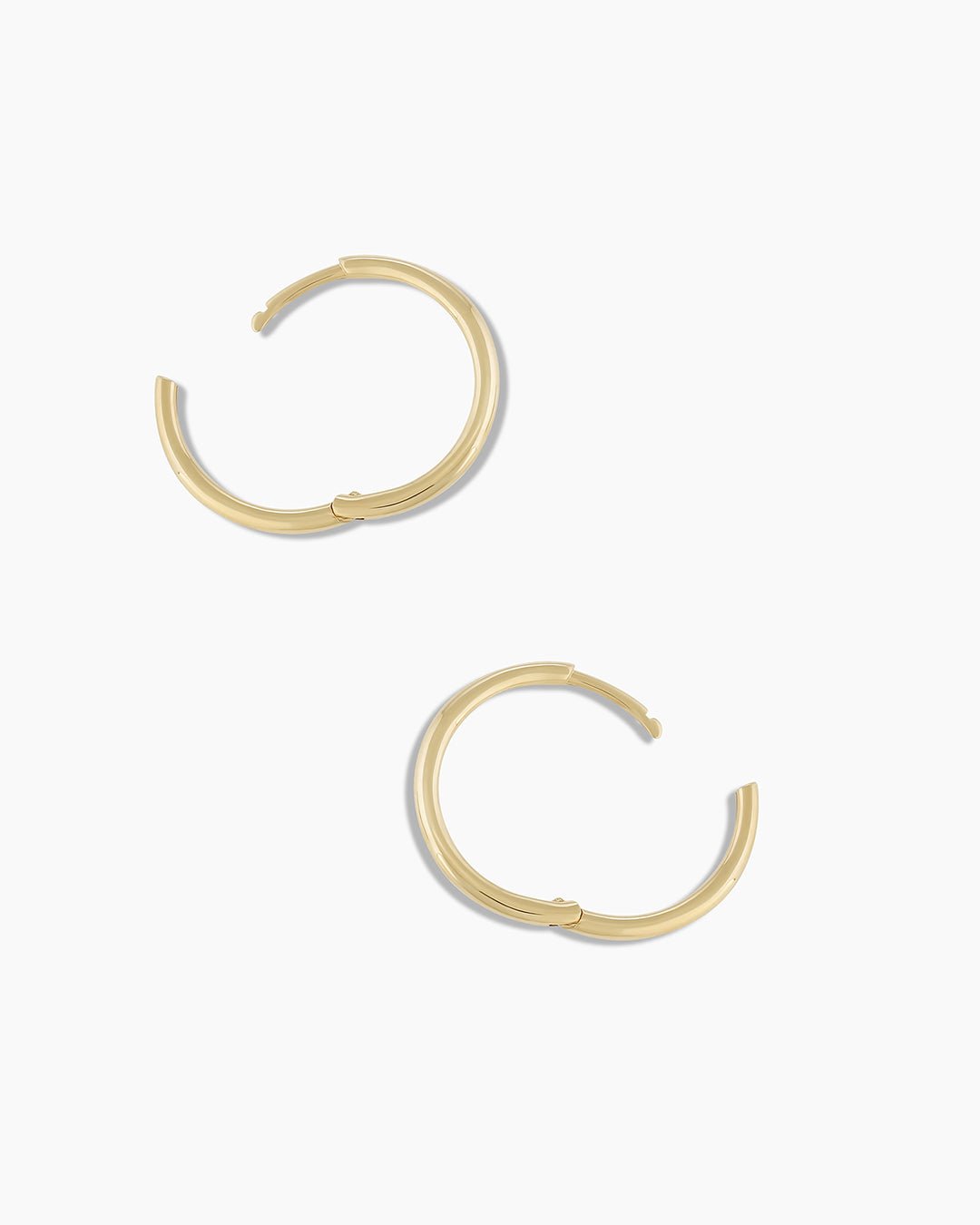 Woman wearing Classic Gold Huggie || option::14k Solid Gold, 15mm, Pair