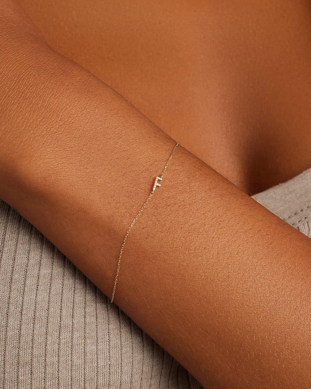 Diamond Pavé Alphabet Bracelet #F || option::14k Solid Gold, F