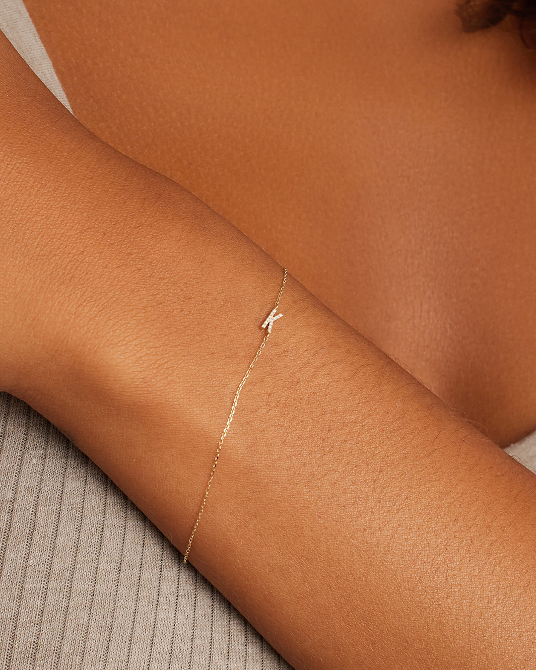 Diamond Pavé Alphabet Bracelet #K || option::14k Solid Gold, K
