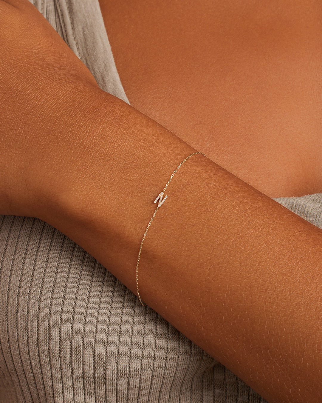 Diamond Pavé Alphabet Bracelet #N || option::14k Solid Gold, N