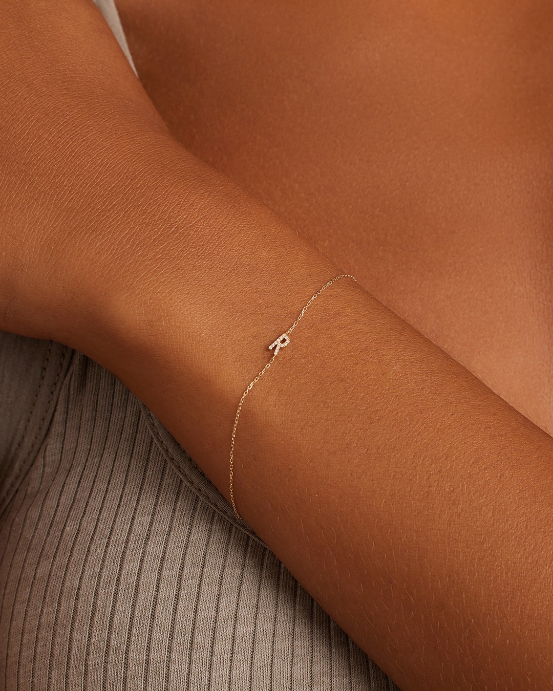 Diamond Pavé Alphabet Bracelet #R || option::14k Solid Gold, R