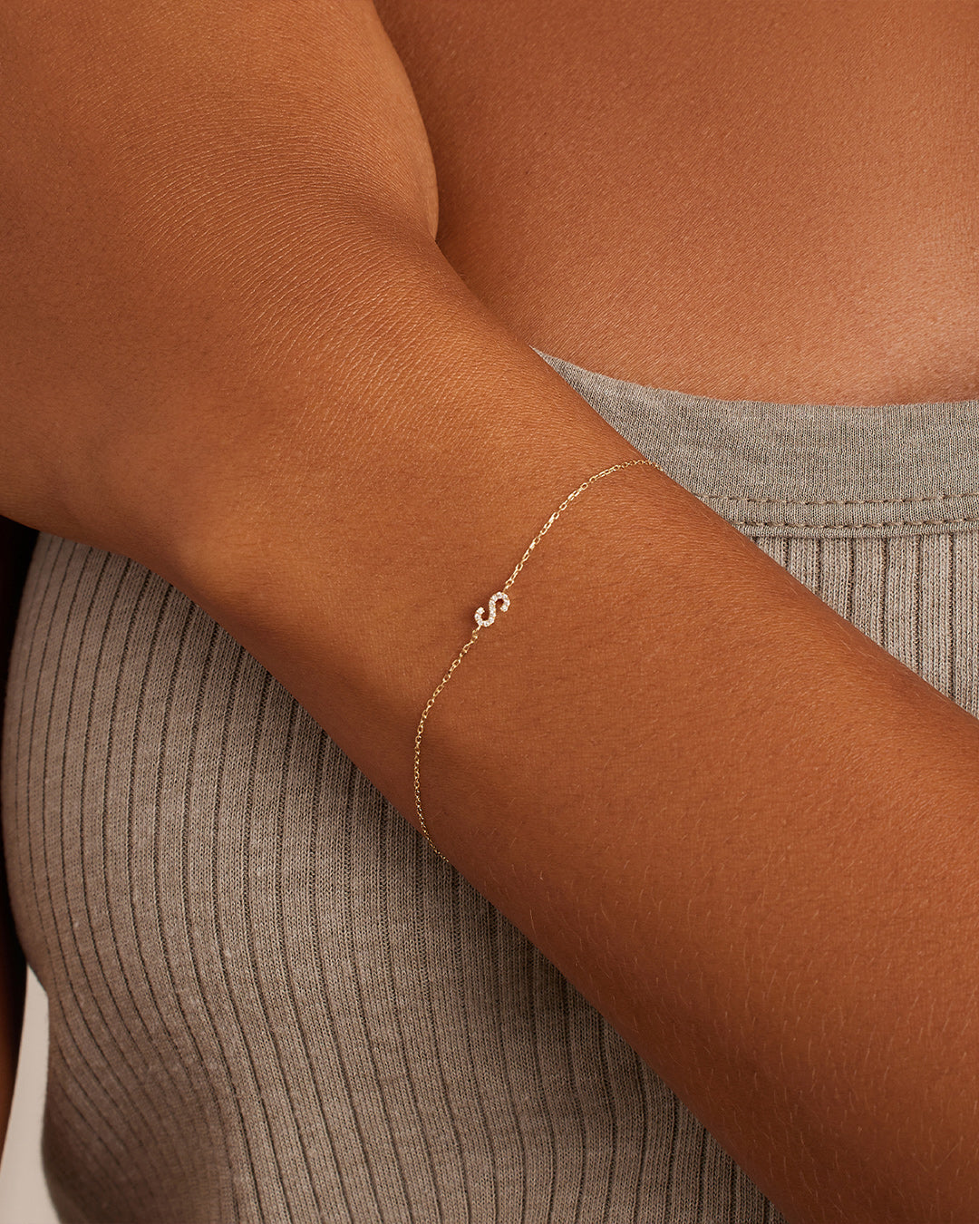 Diamond Pavé Alphabet Bracelet #S || option::14k Solid Gold, S