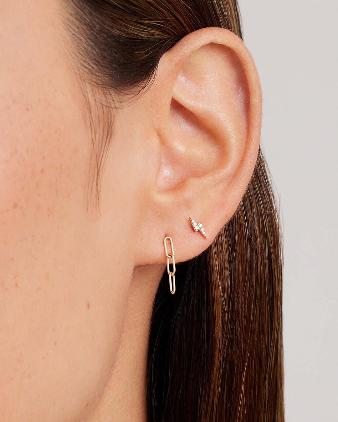 Woman wearing Parker Earring || option::14k Solid Gold, Single