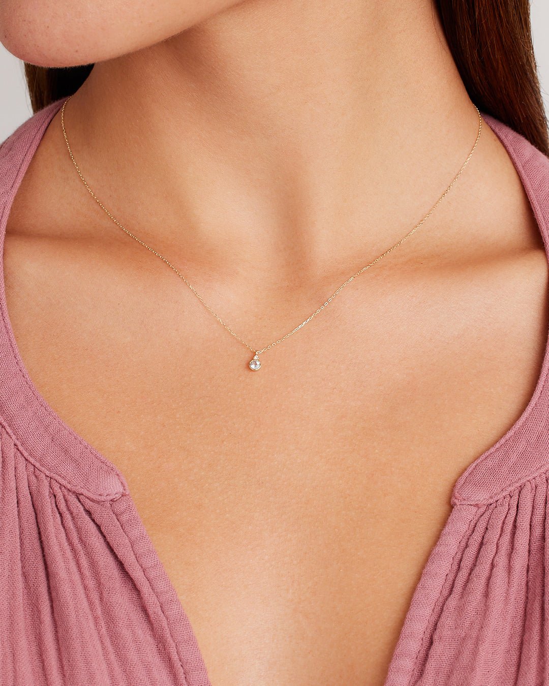 Woman wearing  Aquamarine Birthstone Necklace  || option::14k Solid Gold, Aquamarine