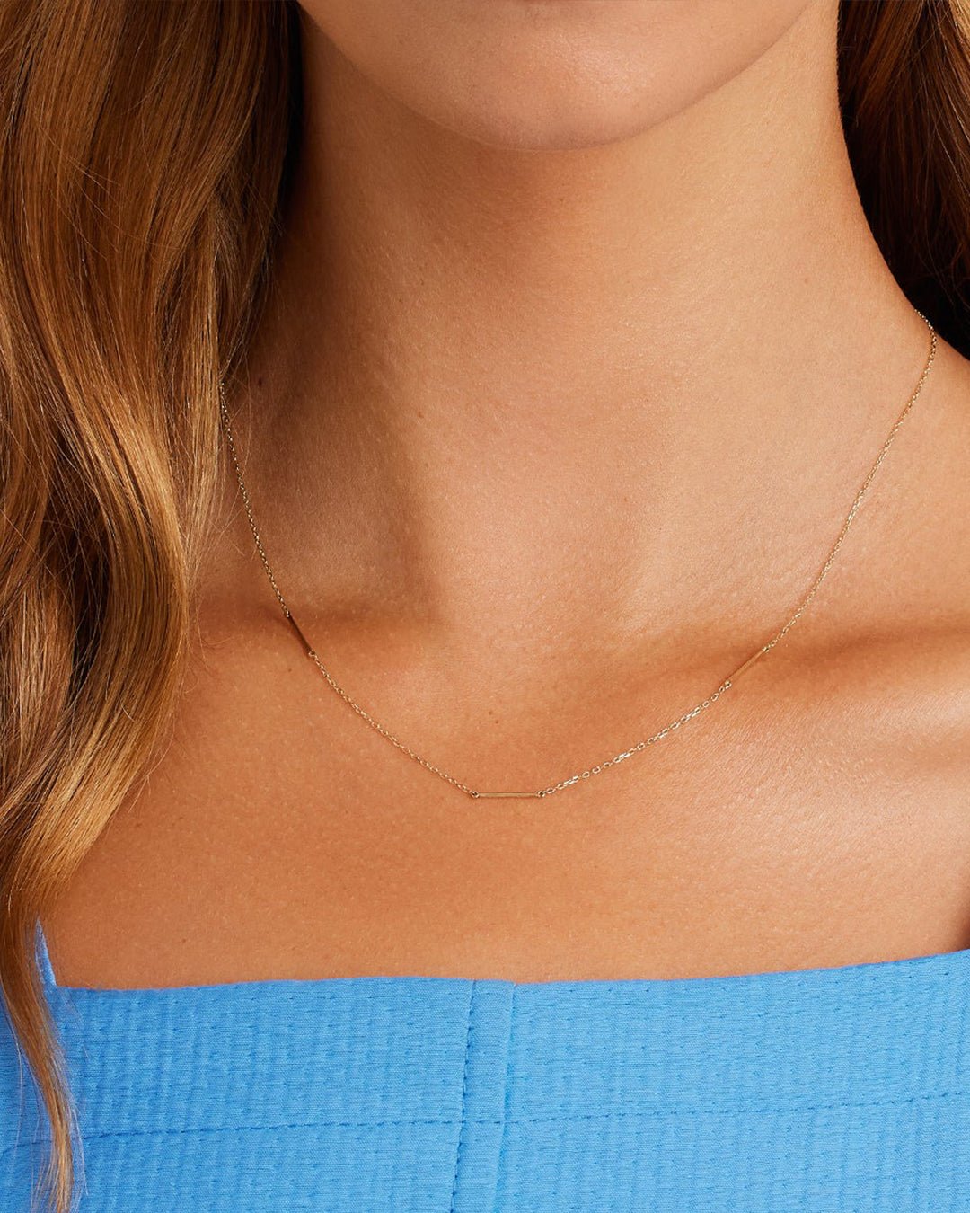 Woman wearing Rose Bar Necklace  || option::14k Solid Gold