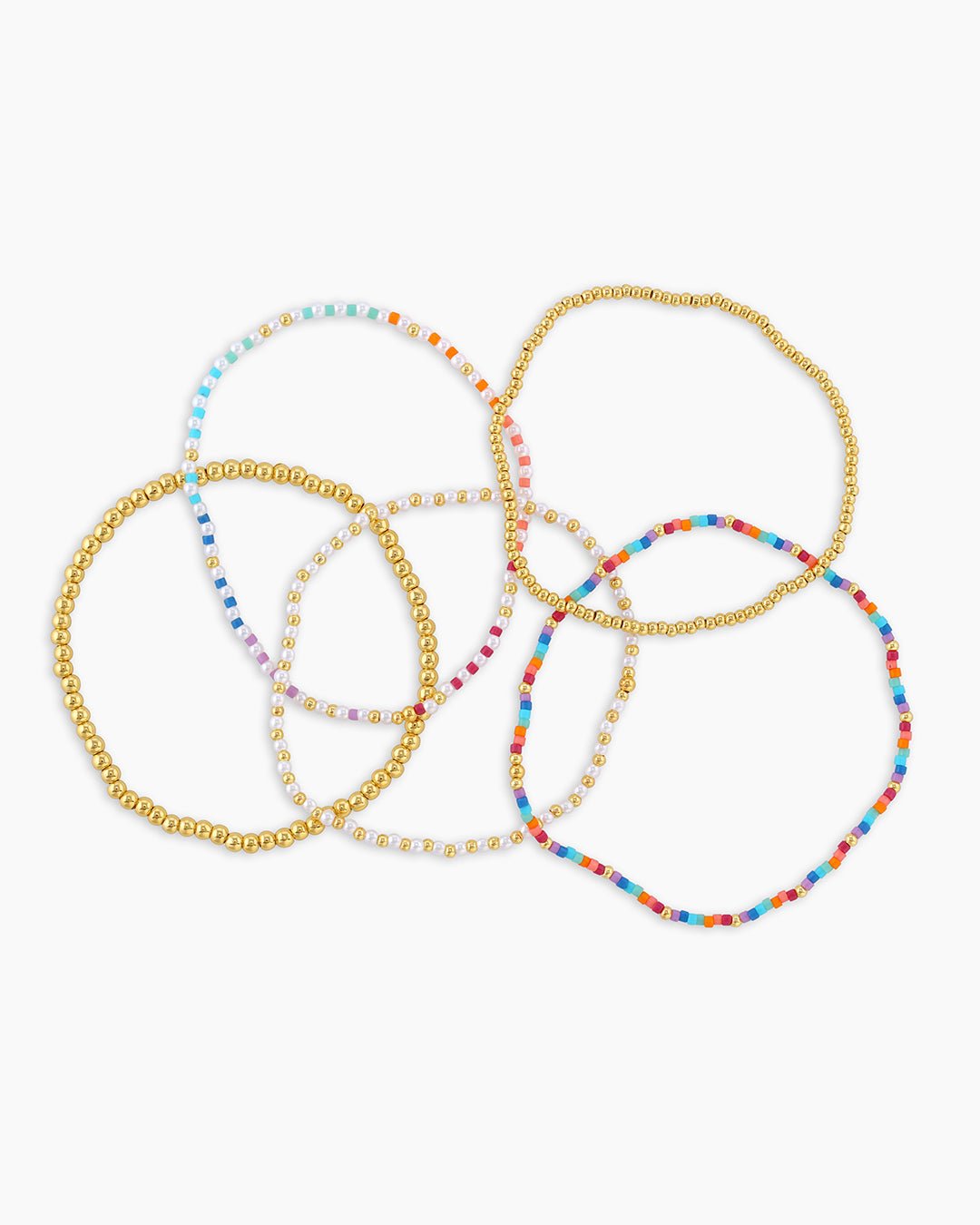 Poppy Bracelet set (of 5) Pearl and Rainbow beaded bracelet set || option::Gold Plated, Rainbow & Pearlized Bead