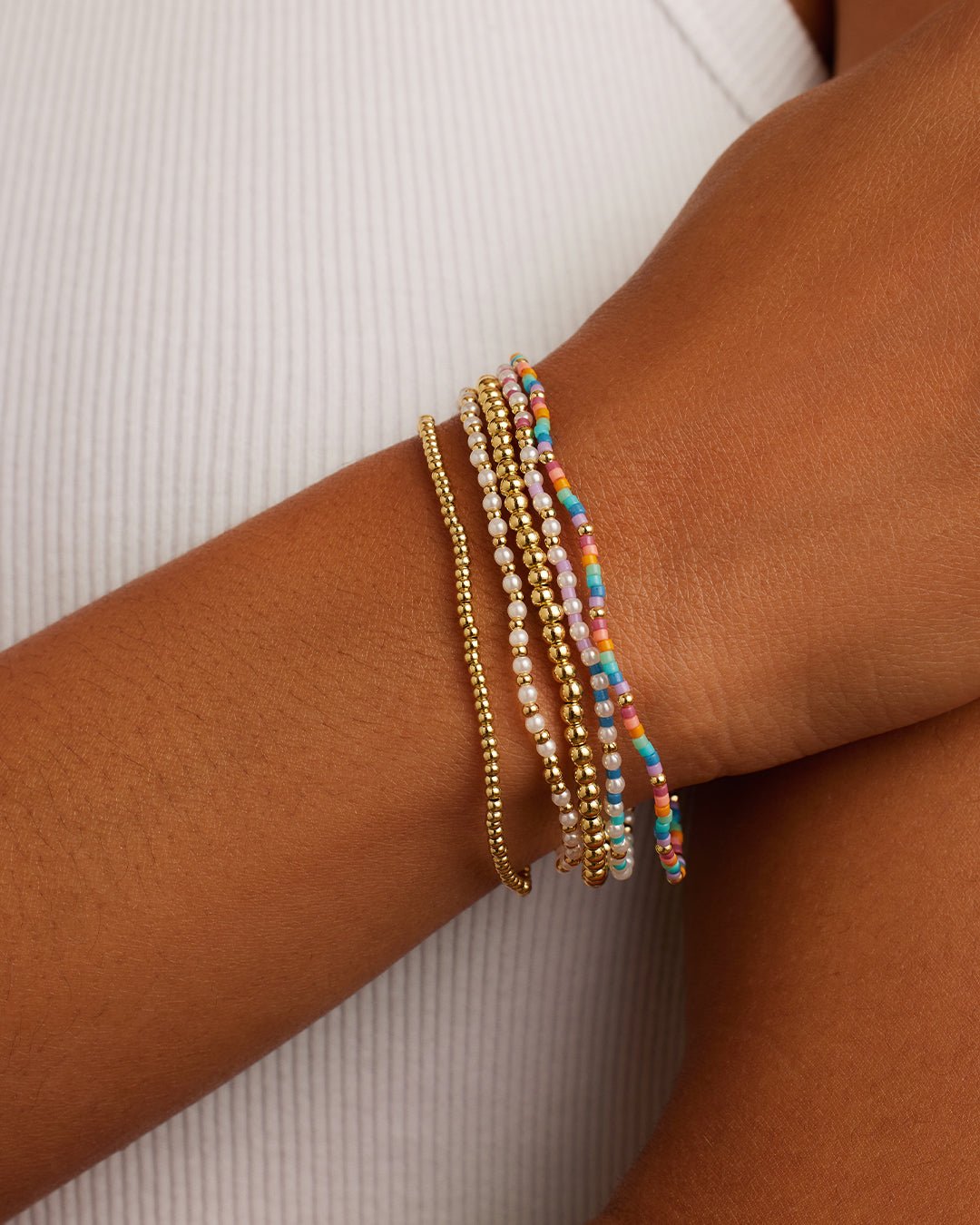 Poppy Bracelet set (of 5) Pearl and Rainbow beaded bracelet set || option::Gold Plated, Rainbow & Pearlized Bead
