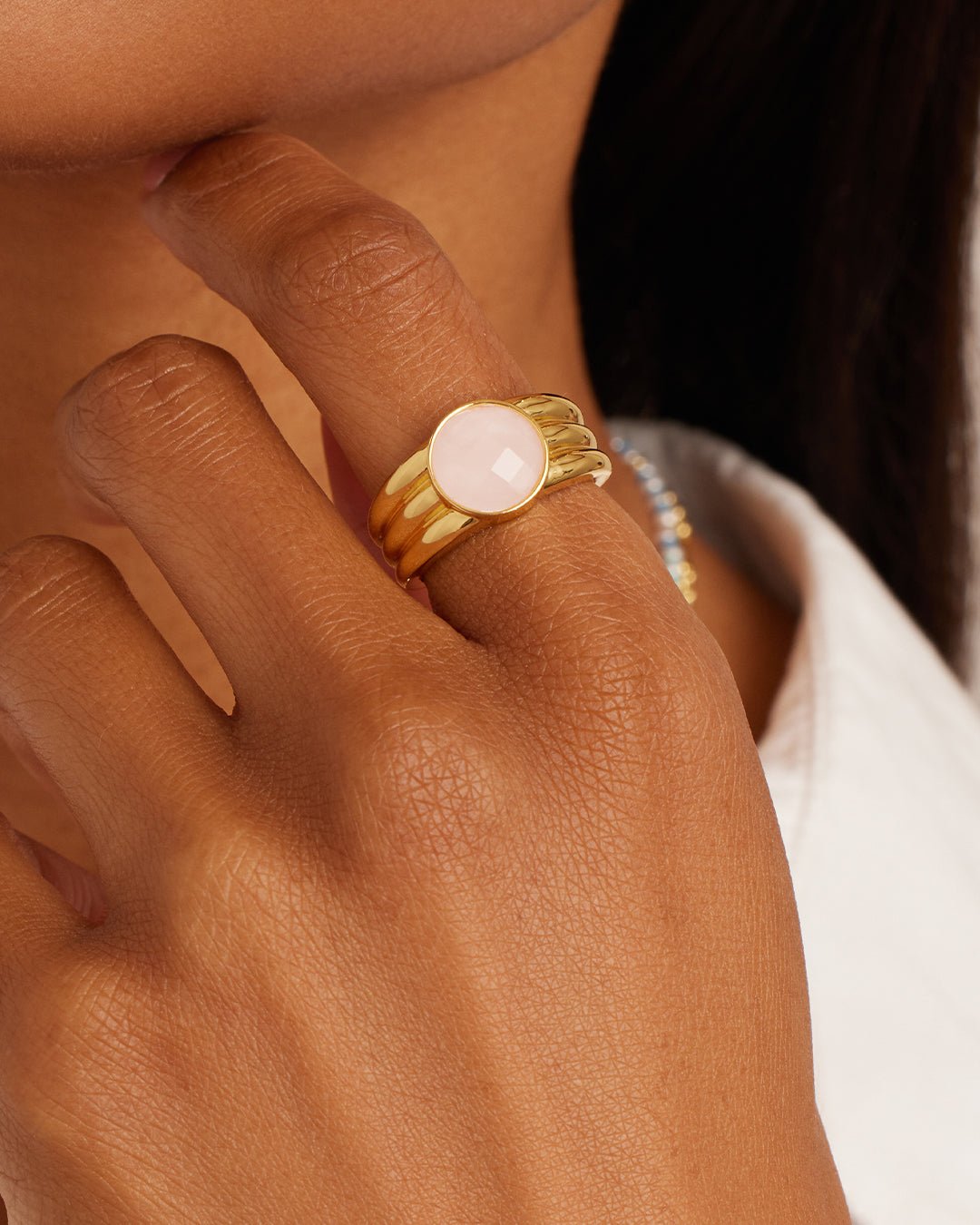 Power Gemstone Reed Ring for Love Rose Quartz Ring || option::Gold Plated, Rose Quartz