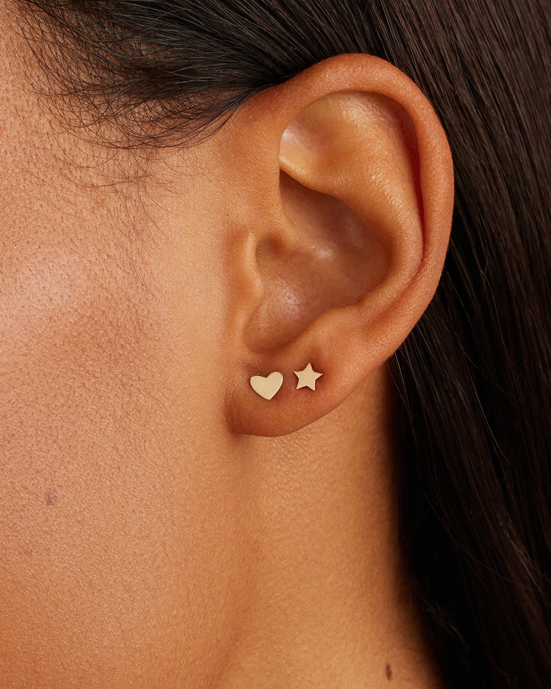 Woman wearing Heart Earring Stud || option::14k Solid Gold, Single