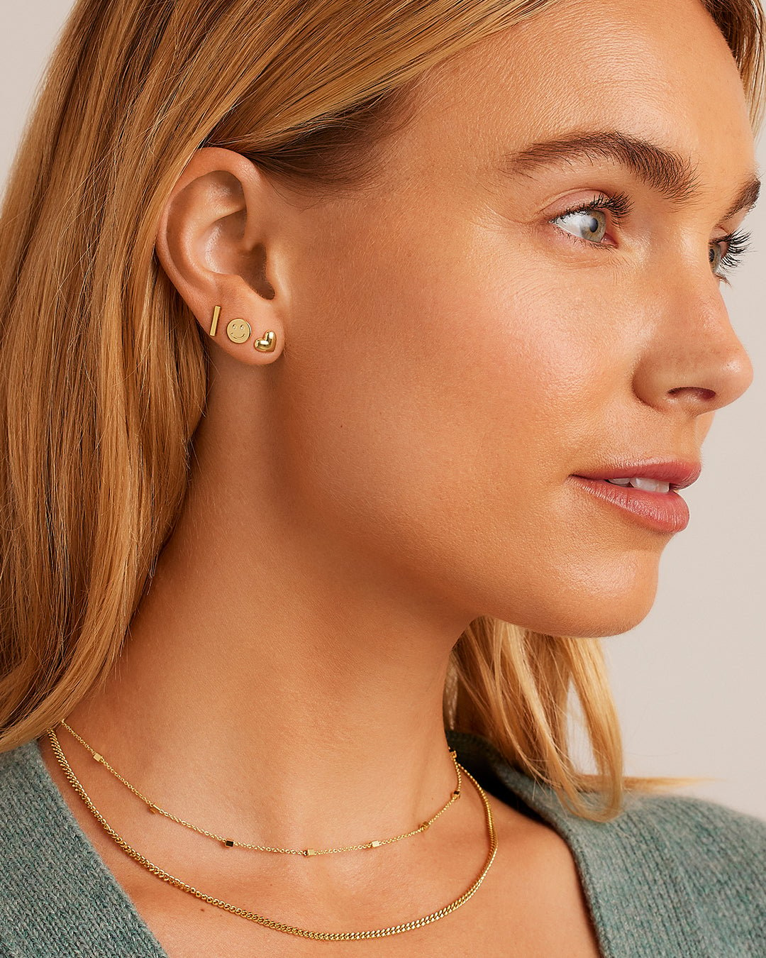 Woman wearing  Bar Charm Stud || option::Gold Plated