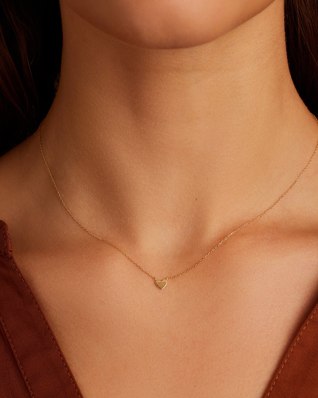 Woman wearing Heart Mini Necklace || option::14k Solid Gold