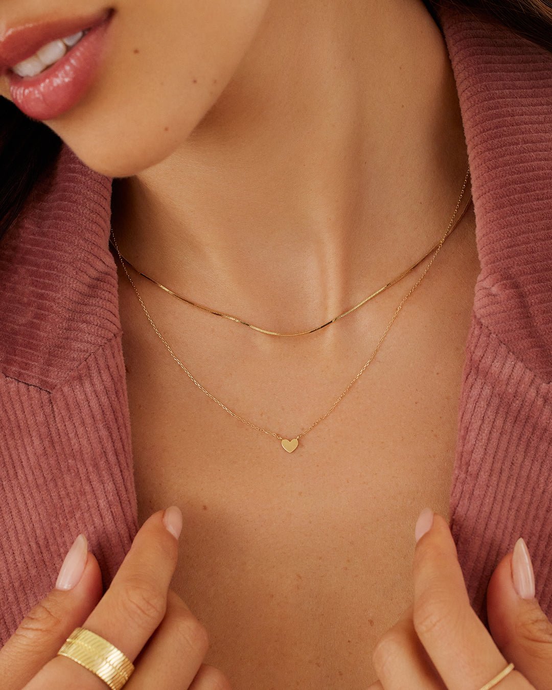 Woman wearing Heart Mini Necklace || option::14k Solid Gold || set::14k-gold-heart-mini-necklace-stl