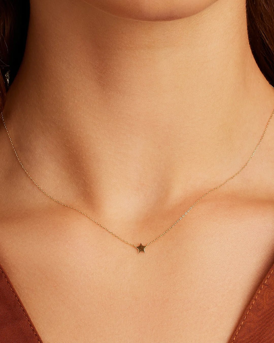 Woman wearing  Star Necklace || option::14k Solid Gold