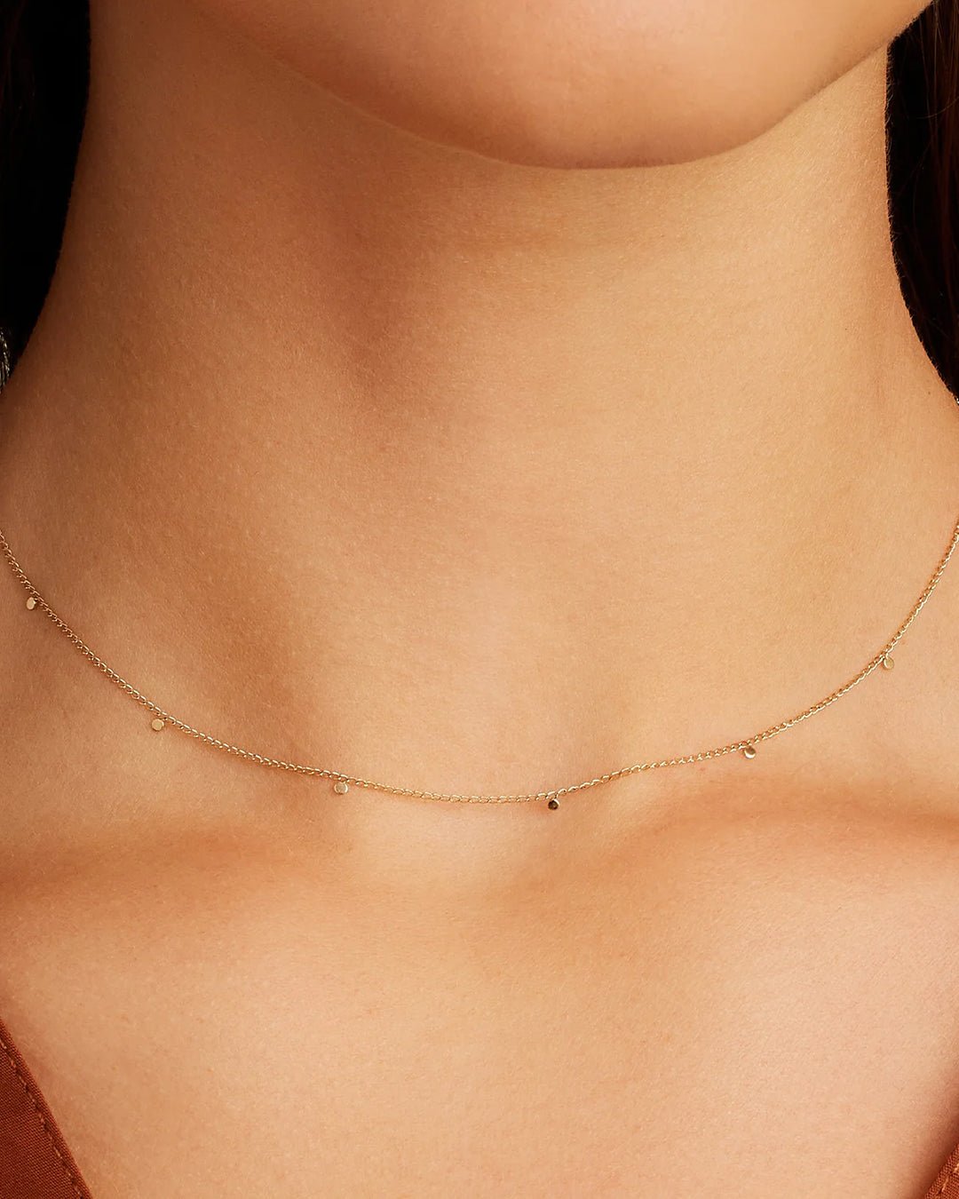 Woman wearing  Flutter Choker Necklace || option::14k Solid Gold