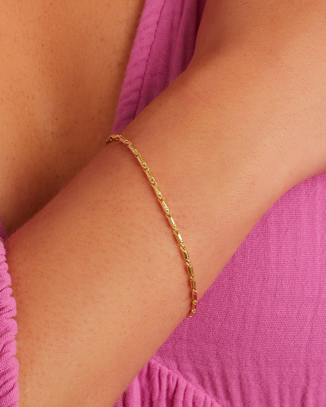 Woman wearing  Zoey Bracelet || option::Gold Plated