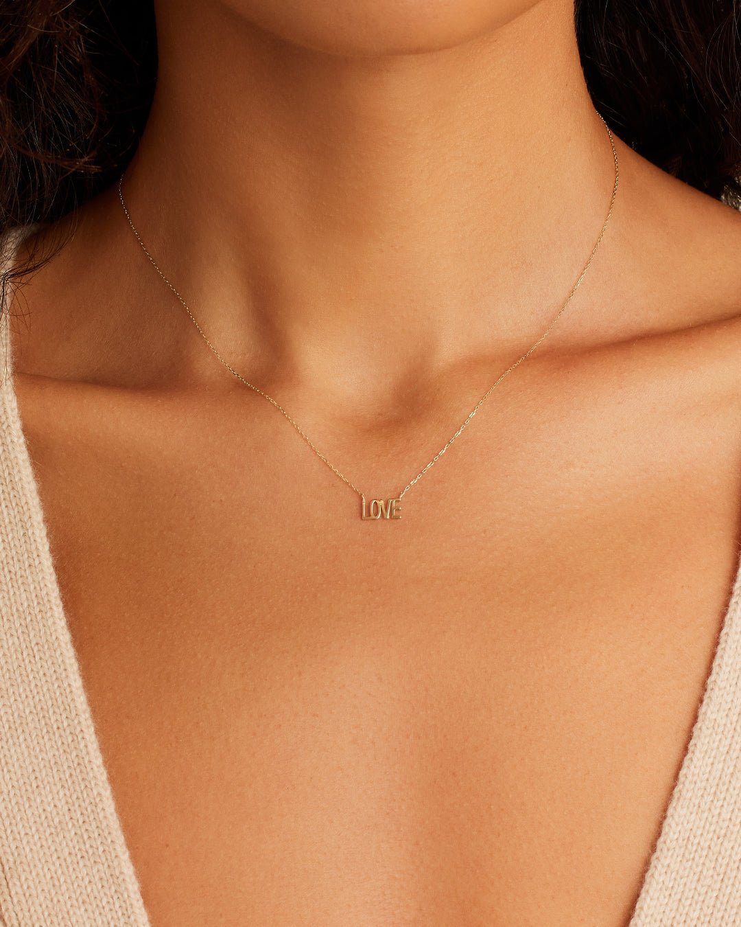 Woman wearing  Love Necklace || option::14k Solid Gold