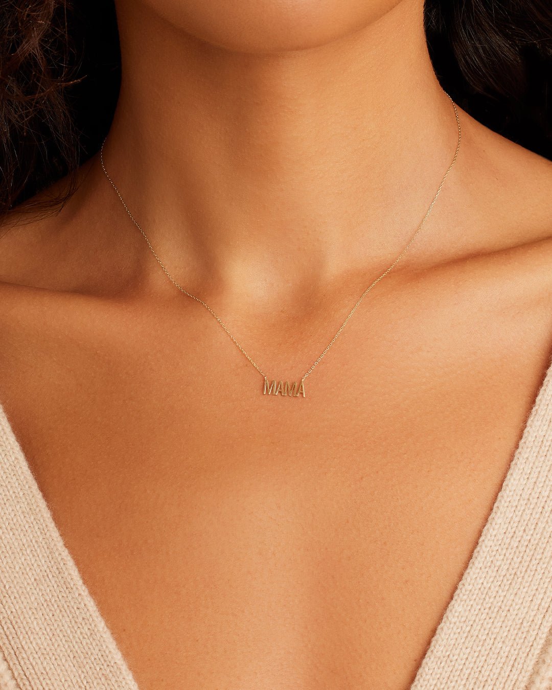Woman wearing  Mama Necklace || option::14k Solid Gold