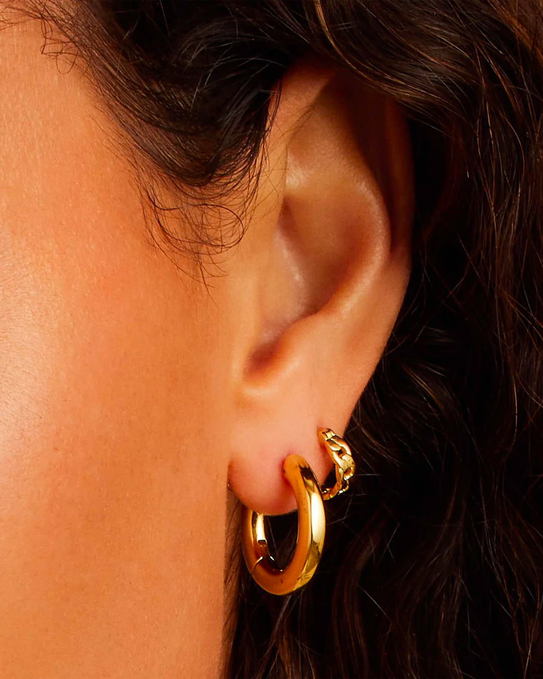Woman wearing Wild Side Huggie set || option::18K Gold Plated