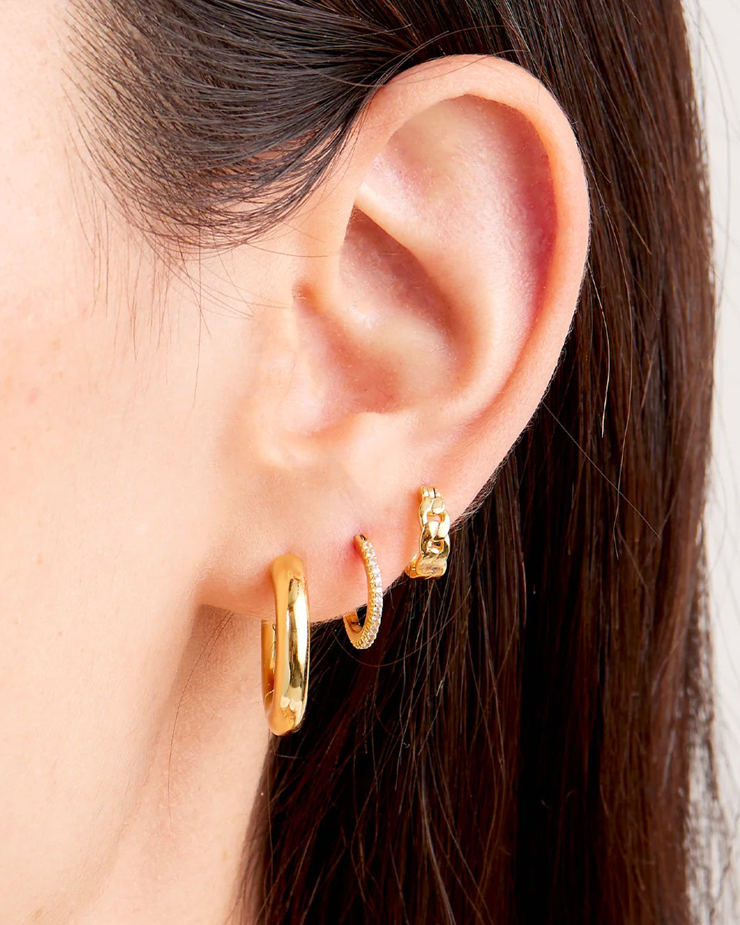 Woman wearing Wild Side Huggie set || option::18K Gold Plated