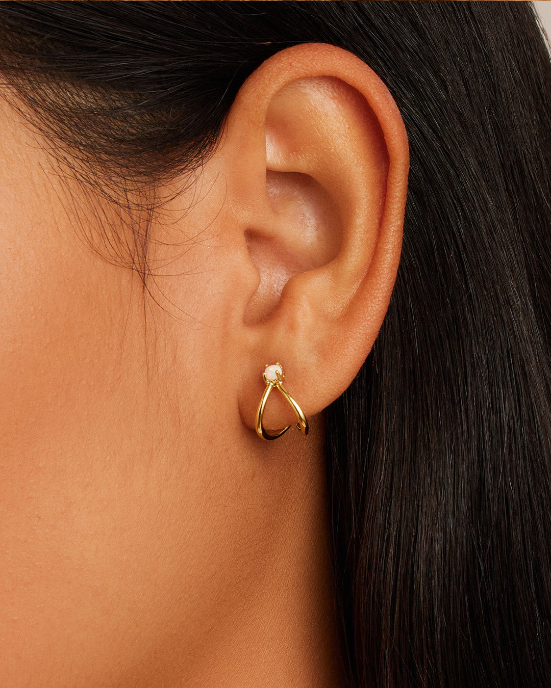 Opalite Solitaire Double Huggies || option:: 18k Gold Plated